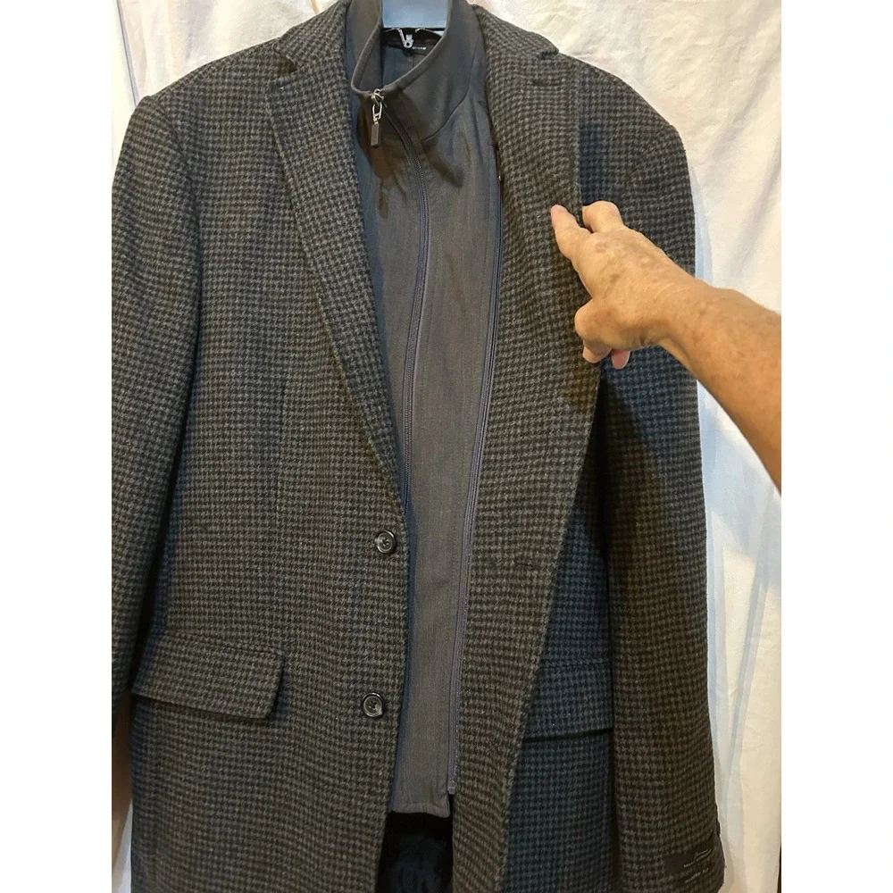 Marc Anthony Peacoat W/Bib Black‎ Gray Houndstooth Mens 40L Elbow Patch